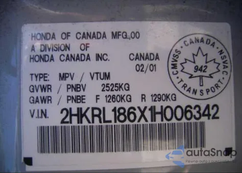 2001 Honda Odyssey Ex z USA, uszkodzony, nr VIN 2HKRL186X1H006342